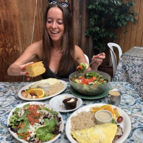 Jackie eating cornbread at The Spot