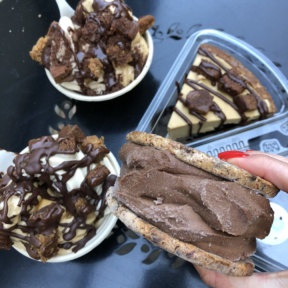 Gluten-free soft serve, pie, and ice cream sandwich from Yoga-urt