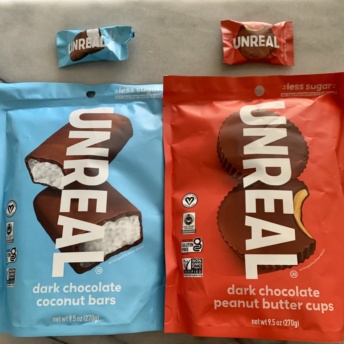 Gluten-free vegan peanut butter cups and coconut bars by UnReal