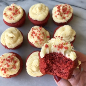 Big bite of a Red Velvet Cupcake