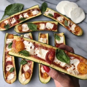 Gluten-free Zucchini Pizza Boats with mozzarella cheese