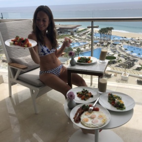 Jackie eating Le Blanc Room Service in Cabo
