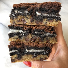 Stack of Chocolate Creme Cookie Stuffed Brookies