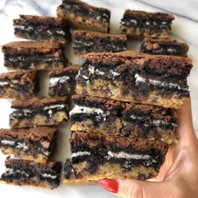 Gluten-free dairy-free Chocolate Creme Cookie Stuffed Brookies