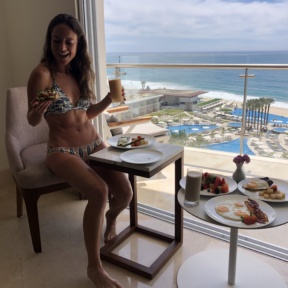 Jackie eating brunch from Le Blanc Room Service