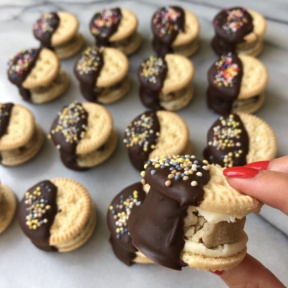 Gluten-free Chocolate Dipped Cookie Dough Stuffed Creme Cookies