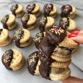 Gluten-free dairy-free Chocolate Dipped Cookie Dough Stuffed Creme Cookies