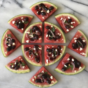 Mediterranean Watermelon Pizza with feta, olives, arugula, balsamic