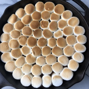 Roasted marshmallows for Peppermint S'mores Skillet Dip