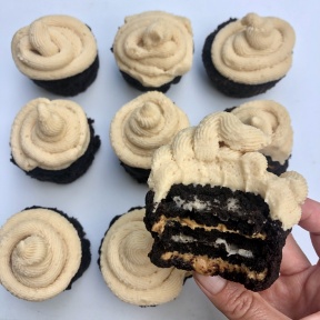 Bite of Peanut Butter Creme Cookie Stuffed Brownie Cupcakes