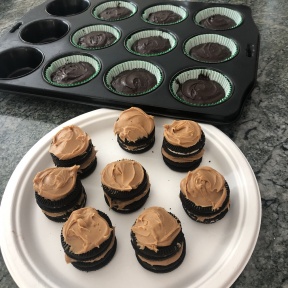 Making Peanut Butter Creme Cookie Stuffed Brownie Cupcakes