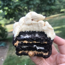 Inside of gluten-free Peanut Butter Creme Cookie Stuffed Brownie Cupcakes
