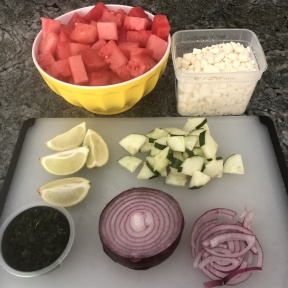 Making gluten-free Watermelon Cucumber Feta Salad
