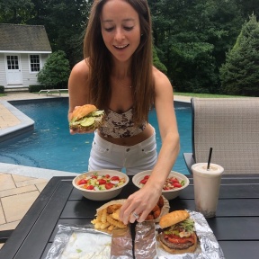 Jackie eating gluten-free fries and tots from Press Burger