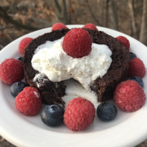 Three Ingredient Chocolate Mug Cake with whipped topping and berries