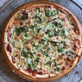 Ready to eat gluten-free Shaved Brussels sprouts cheese pizza