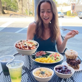 Jackie eating at KarmaFarm