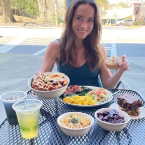 Jackie eating at 100% gluten-free spot KarmaFarm