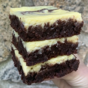 Stack of gluten-free Cheesecake Marbled Brownies