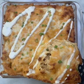 Gluten-free Buffalo Chicken Pasta Bake with ranch dressing