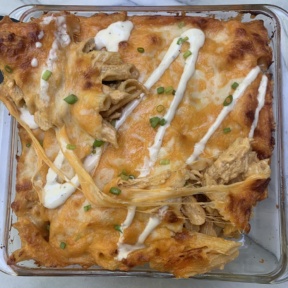 Cheesy Buffalo Chicken Pasta Bake with green onion