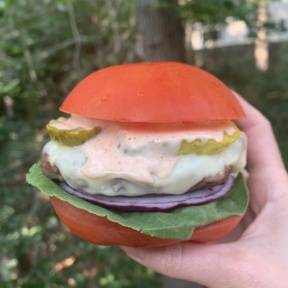 Gluten-free keto Spicy Burgers with Tomato Buns