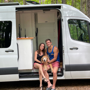 Jackie, Brendan, and Odie in the van