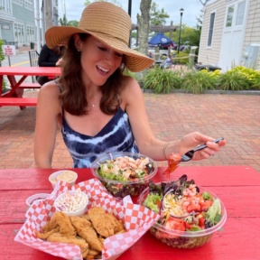 Jackie eating at Lobster Cooker in Freeport