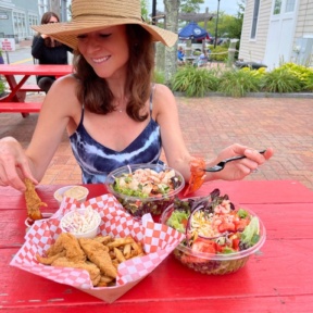 Jackie eating at Lobster Cooker in Freeport Maine