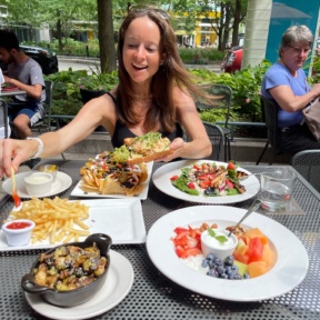 Jackie eating fries at D4 Irish Pub & Cafe in Chicago