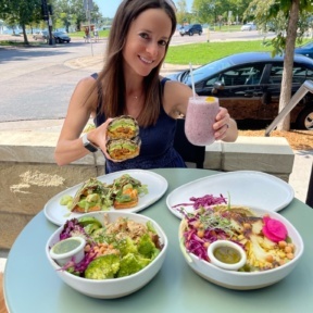 Jackie eating a gluten-free brunch at BRIM