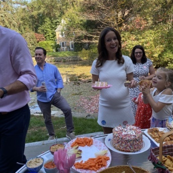 Jackie with gluten-free gender reveal cake