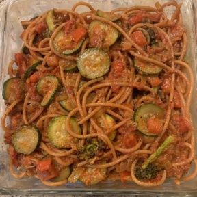 Gluten-free Veggie Baked Spaghetti using red lentil spaghetti
