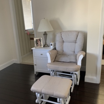 Chloe's nursing chair, side table, lamp, picture frame, etc