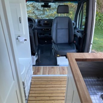 The front of the van with swivel chair