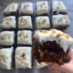 A bite of Gingerbread Cake with Cream Cheese Frosting