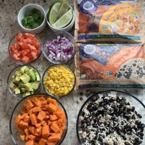 Making Vegetarian Burrito Bowl with Stahlbush sweet potatoes