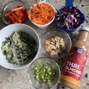 Making gluten-free Thai Almond Zucchini Noodles with Yai's Thai