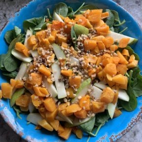 Making gluten-free Roasted Squash & Pear Salad with Lemon-Mustard Dressing