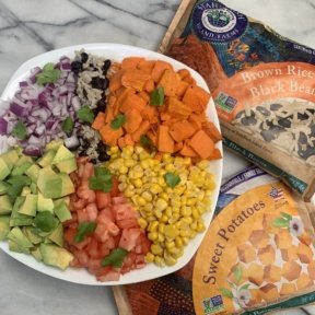 Gluten-free Vegetarian Burrito Bowl with Stahlbush sweet potatoes and brown rice & black beans