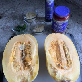 Making Tomato Basil Spaghetti Squash Boats