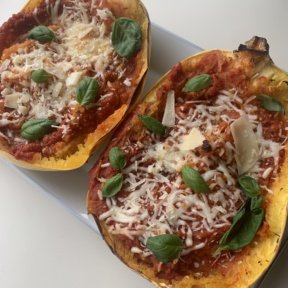 Gluten-free Tomato Basil Spaghetti Squash Boats with cheese