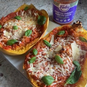 Tomato Basil Spaghetti Squash Boats with Fody Foods tomato basil pasta sauce