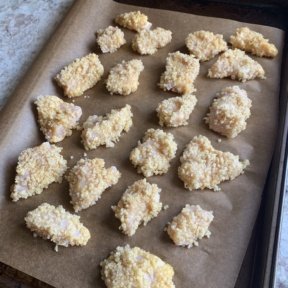 Making gluten free, dairy free Quinoa Coated Chicken Nuggets