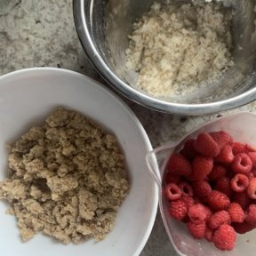 Making gluten free Raspberry Crumble with fresh raspberries!