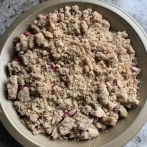 Ready to bake the Raspberry Crumble in the oven!