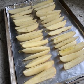 Gluten free Oven Baked Potato Wedges ready for the oven