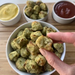 Ready to eat gluten free Broccoli Tots with ketchup and mustard