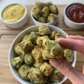 Gluten free Broccoli Tots with ketchup and yellow mustard