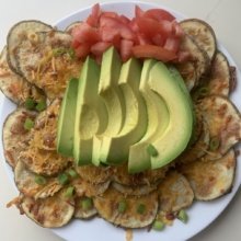 Gluten-free Baked Potato Chip Nachos with avocado and tomato